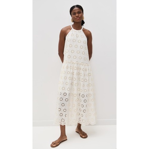 Elegant Halter Neckline Sleeveless Mid Waist Embroidered Floral Eyelets Casual Dress