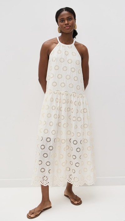 Elegant Halter Neckline Sleeveless Mid Waist Embroidered Floral Eyelets Casual Dress
