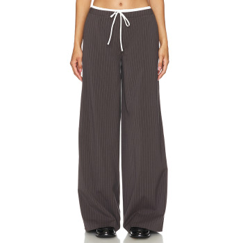 Dark Brown Vertical Striped Wide Leg Pants with Drawstring Waist Back Pocket Design
