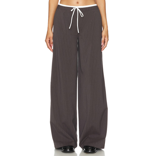 Dark Brown Vertical Striped Wide Leg Pants with Drawstring Waist Back Pocket Design