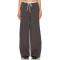 Dark Brown Vertical Striped Wide Leg Pants with Drawstring Waist Back Pocket Design