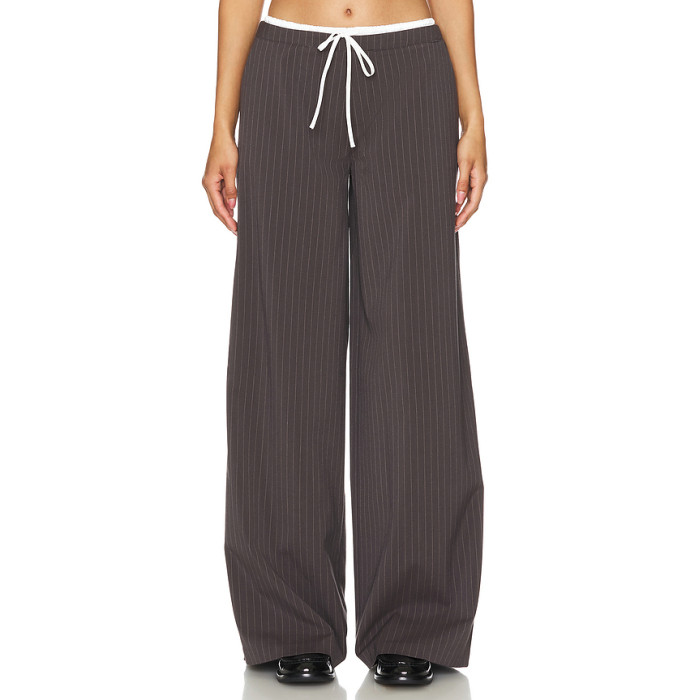 Dark Brown Vertical Striped Wide Leg Pants with Drawstring Waist Back Pocket Design