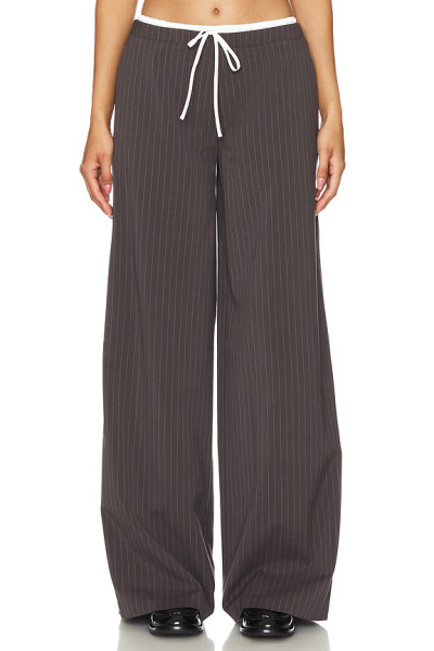 Dark Brown Vertical Striped Wide Leg Pants with Drawstring Waist Back Pocket Design