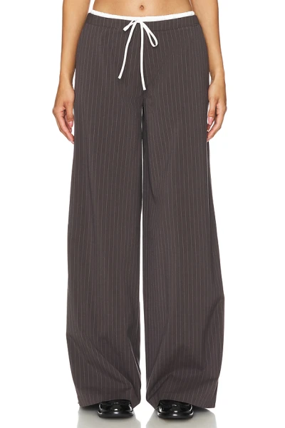 Dark Brown Vertical Striped Wide Leg Pants with Drawstring Waist Back Pocket Design