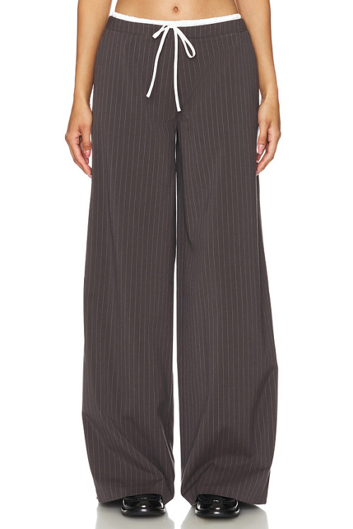 Dark Brown Vertical Striped Wide Leg Pants with Drawstring Waist Back Pocket Design