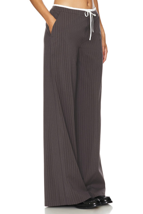 Dark Brown Vertical Striped Wide Leg Pants with Drawstring Waist Back Pocket Design