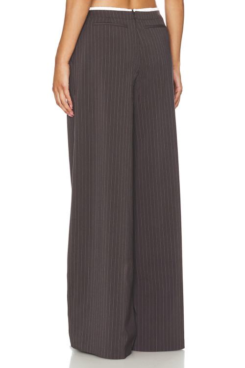 Dark Brown Vertical Striped Wide Leg Pants with Drawstring Waist Back Pocket Design