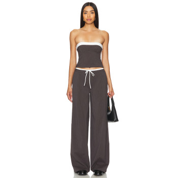 Dark Brown Vertical Striped Wide Leg Pants with Drawstring Waist Back Pocket Design