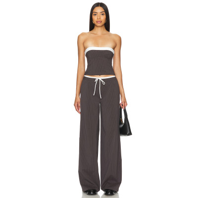 Dark Brown Vertical Striped Wide Leg Pants with Drawstring Waist Back Pocket Design