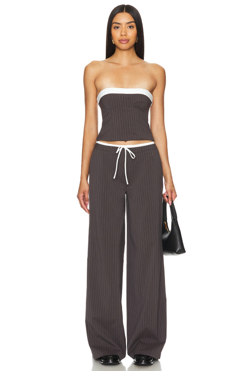 Dark Brown Vertical Striped Wide Leg Pants with Drawstring Waist Back Pocket Design