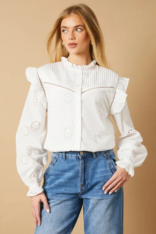 Elegant High Neckline Cut Out Long Sleeve Embroidered Solid Color Casual Tops