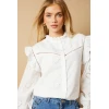 Elegant High Neckline Cut Out Long Sleeve Embroidered Solid Color Casual Tops