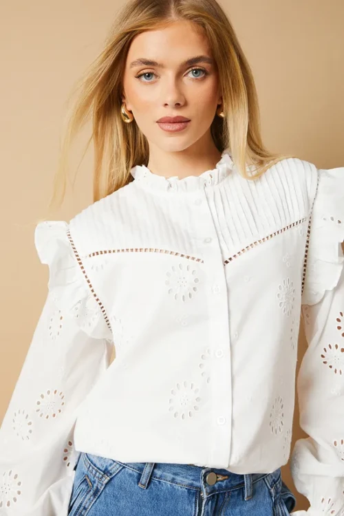 Elegant High Neckline Cut Out Long Sleeve Embroidered Solid Color Casual Tops