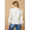 Elegant High Neckline Cut Out Long Sleeve Embroidered Solid Color Casual Tops