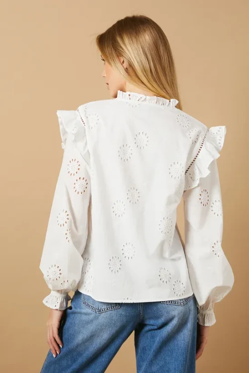 Elegant High Neckline Cut Out Long Sleeve Embroidered Solid Color Casual Tops