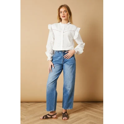 Elegant High Neckline Cut Out Long Sleeve Embroidered Solid Color Casual Tops