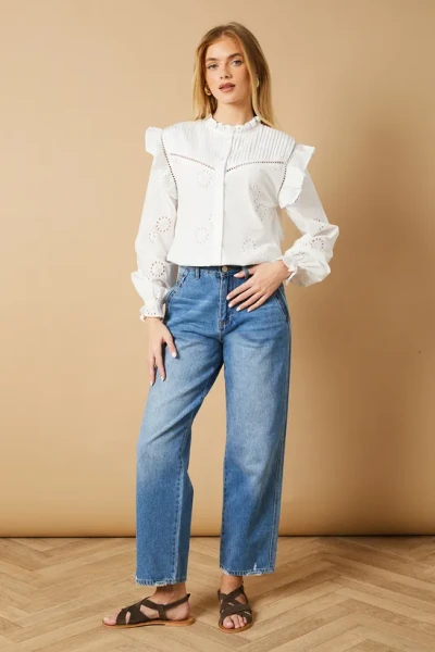 Elegant High Neckline Cut Out Long Sleeve Embroidered Solid Color Casual Tops