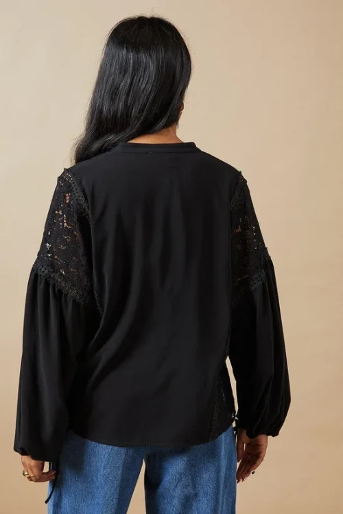 Handsome V-Neckline Tie neck Elegant Lace Trim Detailing on Sleeve Solid Color Tops
