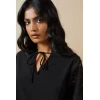 Handsome V-Neckline Tie neck Elegant Lace Trim Detailing on Sleeve Solid Color Tops