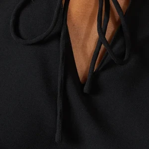 Handsome V-Neckline Tie neck Elegant Lace Trim Detailing on Sleeve Solid Color Tops