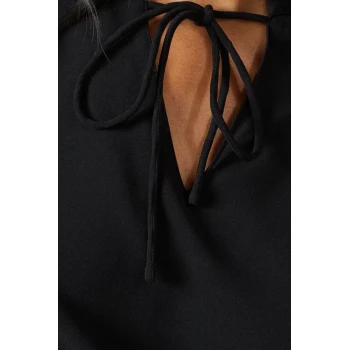 Handsome V-Neckline Tie neck Elegant Lace Trim Detailing on Sleeve Solid Color Tops