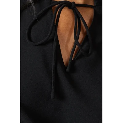 Handsome V-Neckline Tie neck Elegant Lace Trim Detailing on Sleeve Solid Color Tops