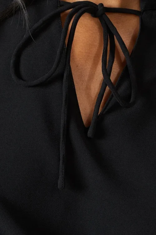Handsome V-Neckline Tie neck Elegant Lace Trim Detailing on Sleeve Solid Color Tops