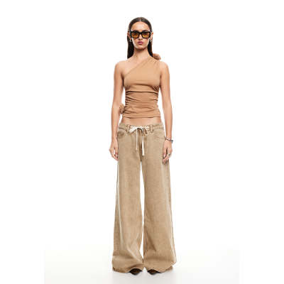 Casual Drawstring Waist Tie Low Rise Straight Leg  Solid Color  Daily Pants