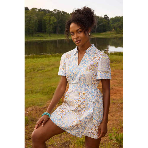 Sample Daily Spread Collar V-neckline Short Sleeve Self-Tie Wrap Waist Irregular Print Dress