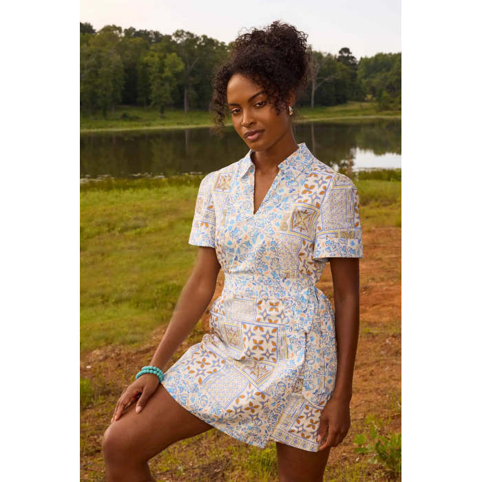 Sample Daily Spread Collar V-neckline Short Sleeve Self-Tie Wrap Waist Irregular Print Dress