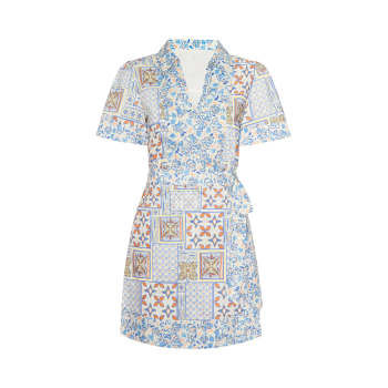 Sample Daily Spread Collar V-neckline Short Sleeve Self-Tie Wrap Waist Irregular Print Dress