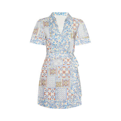 Sample Daily Spread Collar V-neckline Short Sleeve Self-Tie Wrap Waist Irregular Print Dress