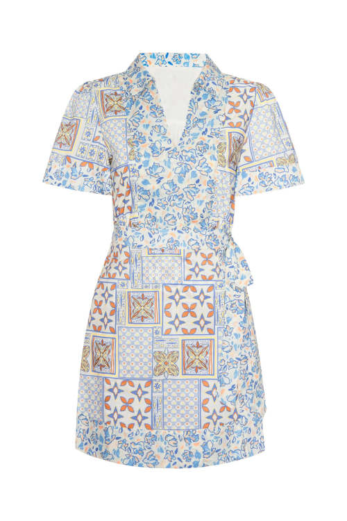 Sample Daily Spread Collar V-neckline Short Sleeve Self-Tie Wrap Waist Irregular Print Dress