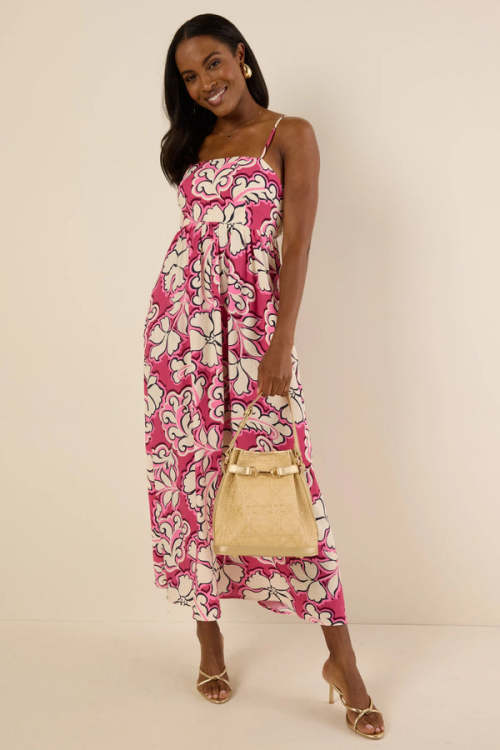Casual Free Camisole Square Neckline Open Back Cut Out Floral Print Vacation Dress