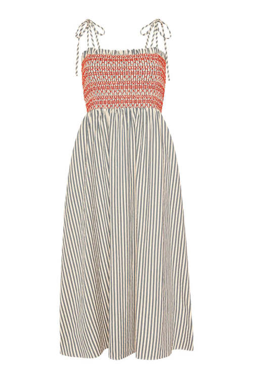 Daily Square Neckline  Camisole Smocked Bodice Allover Striped Print Dress