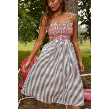 Daily Square Neckline  Camisole Smocked Bodice Allover Striped Print Dress