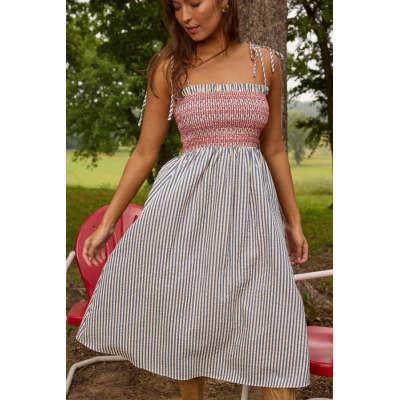 Daily Square Neckline  Camisole Smocked Bodice Allover Striped Print Dress