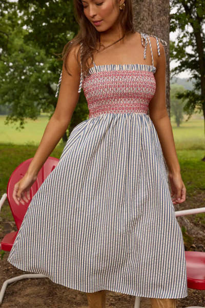 Daily Square Neckline  Camisole Smocked Bodice Allover Striped Print Dress