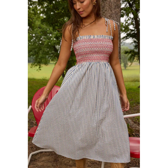 Daily Square Neckline Camisole Smocked Bodice Allover Striped Print Dress