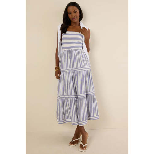 Elegant Daily Square Neckline Sleeveless Backless Allover Striped Tiered  Dress