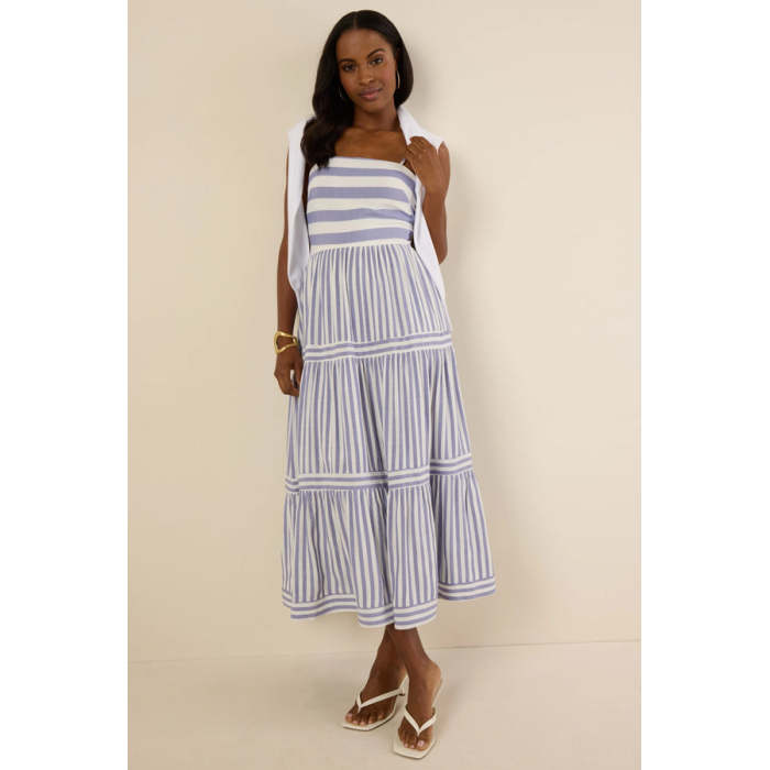 Elegant Daily Square Neckline Sleeveless Backless Allover Striped Tiered  Dress