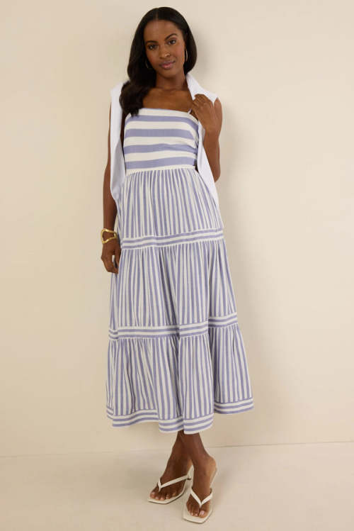 Elegant Daily Square Neckline Sleeveless Backless Allover Striped Tiered  Dress