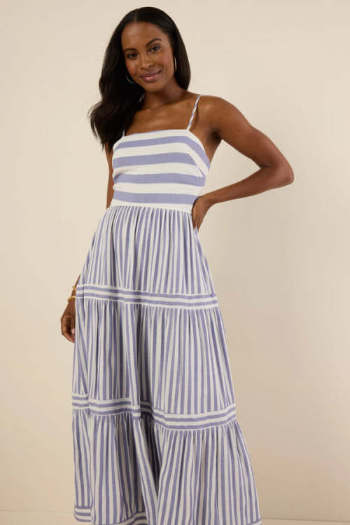 Elegant Daily Square Neckline Sleeveless Backless Allover Striped Tiered  Dress