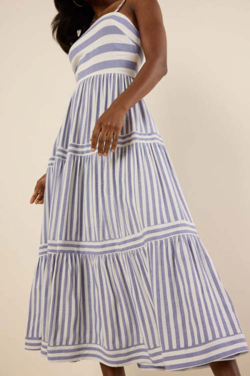 Elegant Daily Square Neckline Sleeveless Backless Allover Striped Tiered  Dress