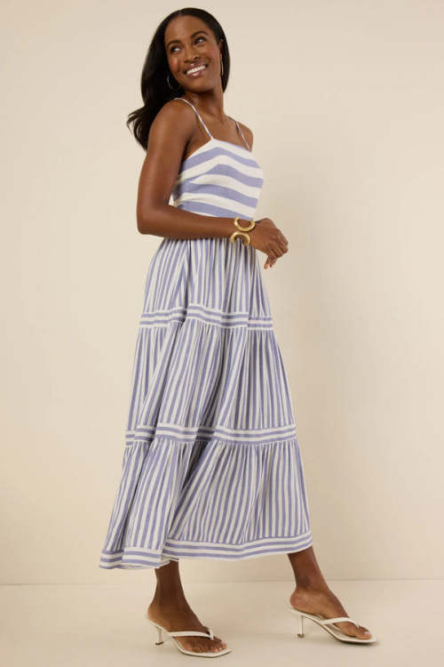 Elegant Daily Square Neckline Sleeveless Backless Allover Striped Tiered  Dress