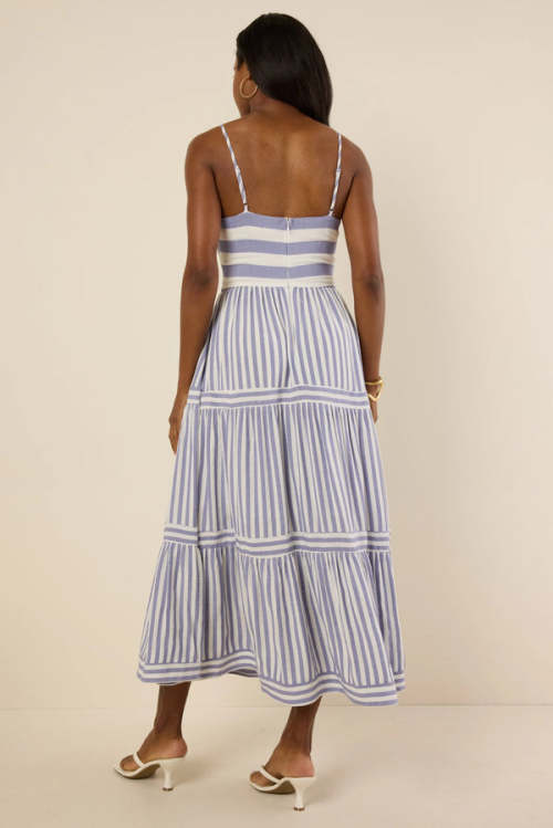 Elegant Daily Square Neckline Sleeveless Backless Allover Striped Tiered  Dress