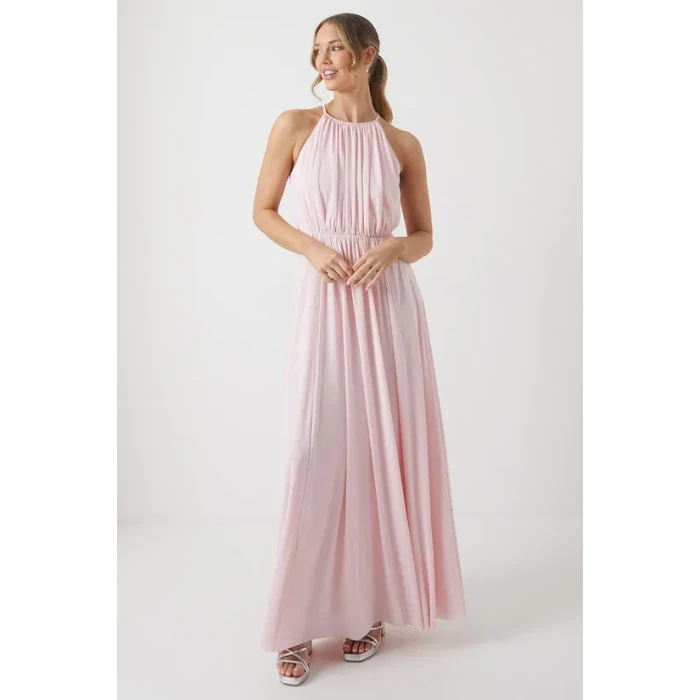 Elegant Fashion Halter Neckline Sleeveless Ruffle High Waist Solid Color  Vacation Dress