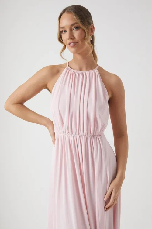 Elegant Fashion Halter Neckline Sleeveless Ruffle High Waist Solid Color  Vacation Dress