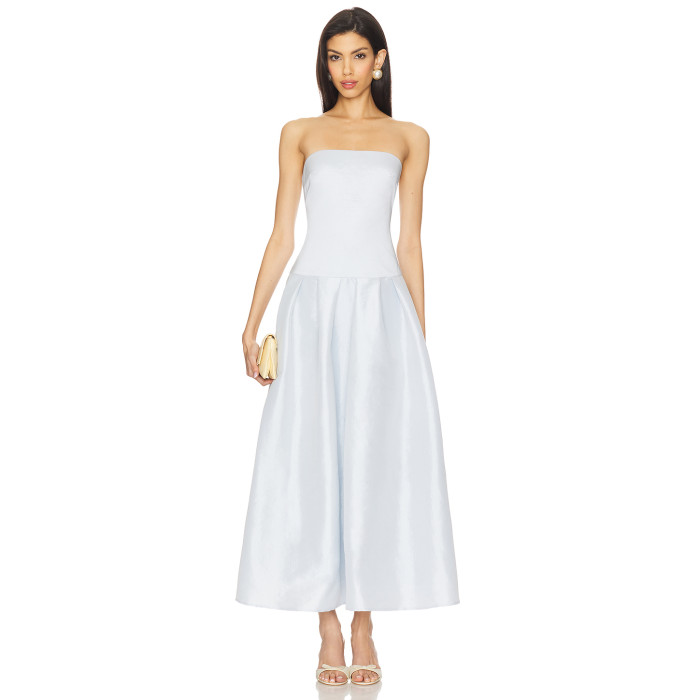 Baby Blue Fitted Strapless Design Nonstick Silicone Trim Puffy Midi length Dress