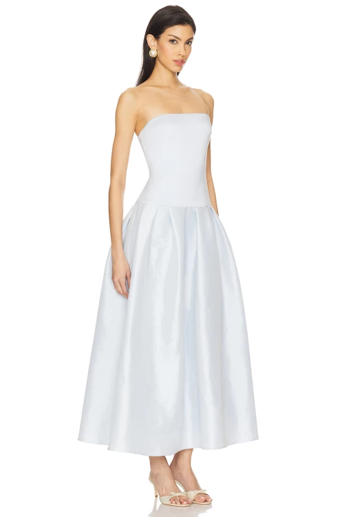 Baby Blue Fitted Strapless Design Nonstick Silicone Trim Puffy Midi length Dress